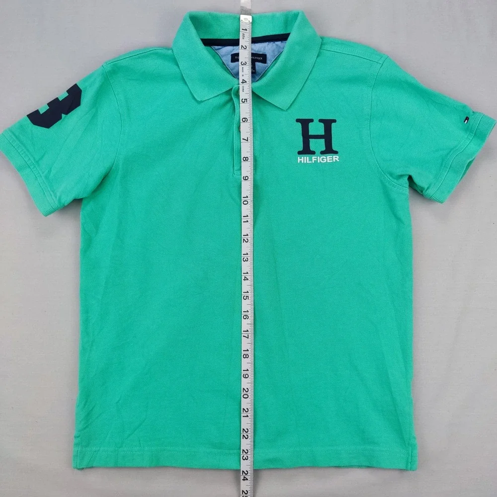 Tommy Hilfiger Polo Shirt Boys L 14/16 Green‎ H Logo Short Sleeve Pique Patch 8